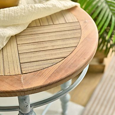 Round Rustic Wood Accent End Table with Carved Top and Metal Base