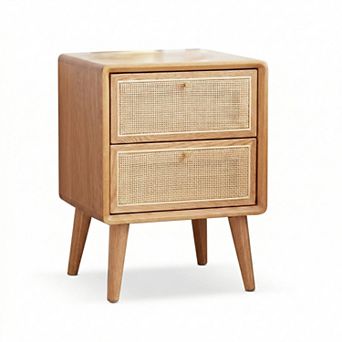 Solid Oak Nightstand with Rattan Drawer Fronts Storage Cabinet
