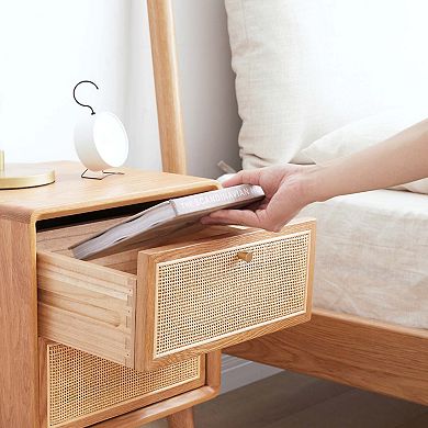 Solid Oak Nightstand with Rattan Drawer Fronts Storage Cabinet