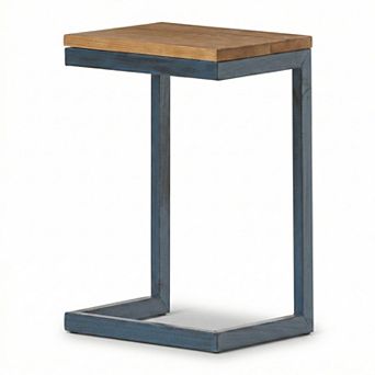 C Shaped Accent Side Table with Fir Wood Top and Metal Base