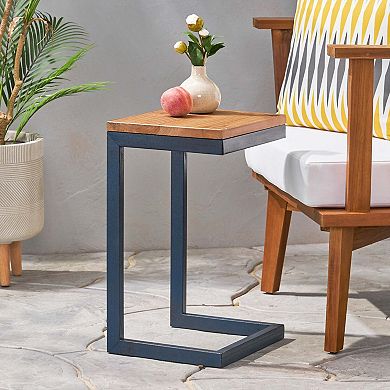 C Shaped Accent Side Table with Fir Wood Top and Metal Base