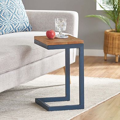 C Shaped Accent Side Table with Fir Wood Top and Metal Base