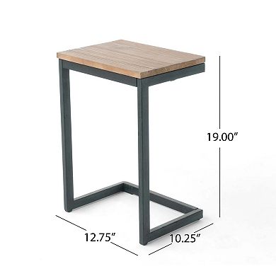 C Shaped Accent Side Table with Fir Wood Top and Metal Base