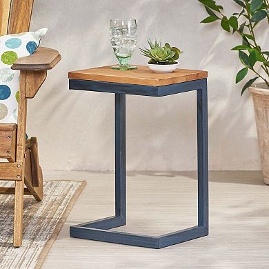 C Shaped Accent Side Table with Fir Wood Top and Metal Base
