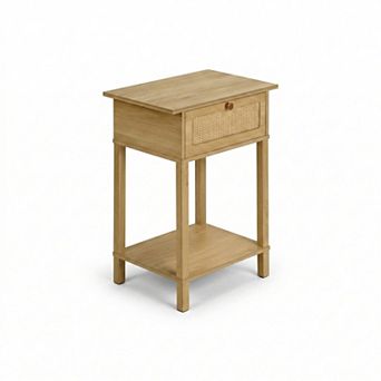 Natural Rattan Accent End Table with Drawer and Bottom Shelf Storage