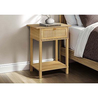 Natural Rattan Accent End Table with Drawer and Bottom Shelf Storage