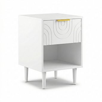 Modern White Nightstand with Drawer and Open Shelf Gold Handle