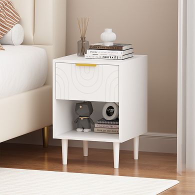 Modern White Nightstand with Drawer and Open Shelf Gold Handle