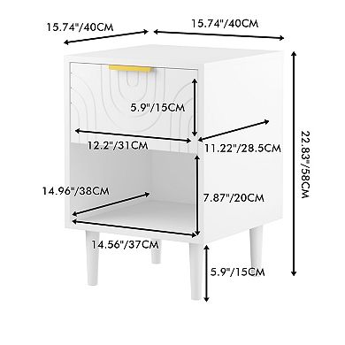 Modern White Nightstand with Drawer and Open Shelf Gold Handle