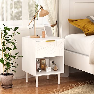 Modern White Nightstand with Drawer and Open Shelf Gold Handle