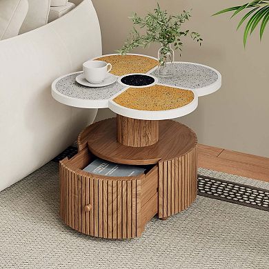 Four Leaf Clover Accent Side Table with Storage Drawer Wood Base