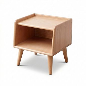Solid Beech Wood Nightstand with Open Shelf Modern Bedside Table