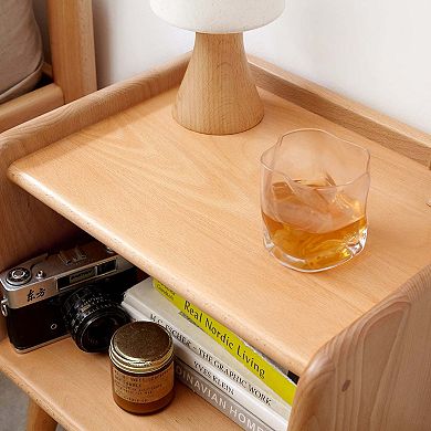 Solid Beech Wood Nightstand with Open Shelf Modern Bedside Table