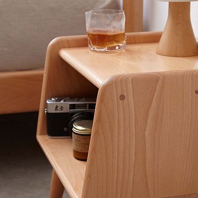 Solid Beech Wood Nightstand with Open Shelf Modern Bedside Table