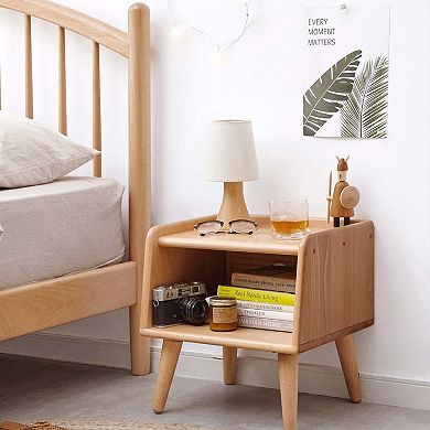 Solid Beech Wood Nightstand with Open Shelf Modern Bedside Table