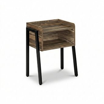 Brown Laminate Accent End Table with Storage Cubby and Metal Legs