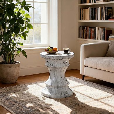 Marble Look Outdoor Accent Side Table Drum Stool