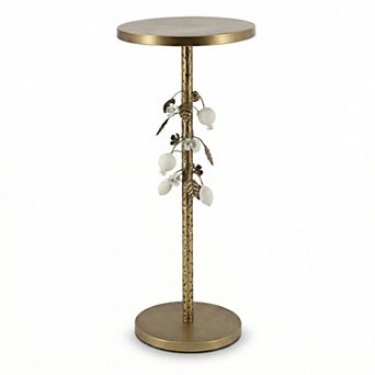 Round Iron Side Table with Floral Accents and Cement Base Gold