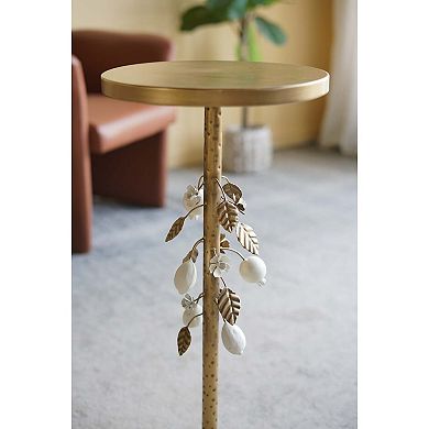 Round Iron Side Table with Floral Accents and Cement Base Gold