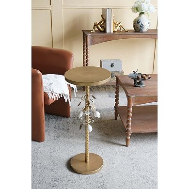 Round Iron Side Table with Floral Accents and Cement Base Gold