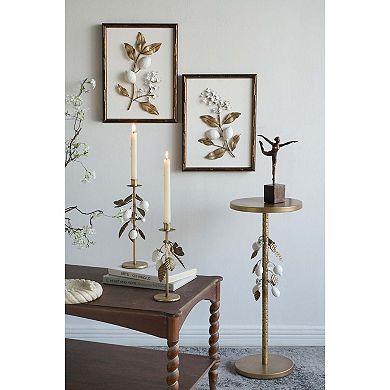 Round Iron Side Table with Floral Accents and Cement Base Gold
