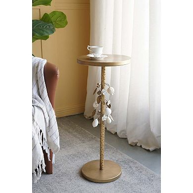 Round Iron Side Table with Floral Accents and Cement Base Gold