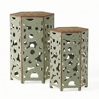 Antique Green Iron Accent Table Set with Cutout Pattern Design