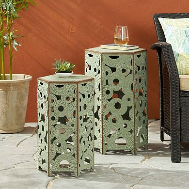 Antique Green Iron Accent Table Set with Cutout Pattern Design