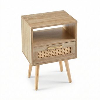 Natural Rattan End Table with Drawer and Open Shelf Storage