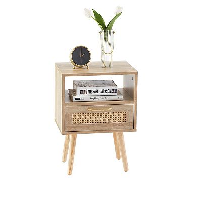 Natural Rattan End Table with Drawer and Open Shelf Storage