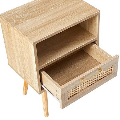 Natural Rattan End Table with Drawer and Open Shelf Storage