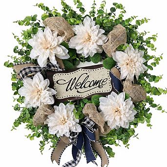 24" Dahlia & Eucalyptus Wreath with “Welcome” Sign, UV‑Resistant Greenery for Door or Home Décor