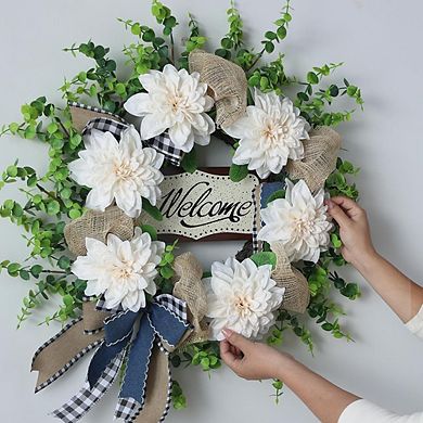 24" Dahlia & Eucalyptus Wreath with “Welcome” Sign, UV‑Resistant Greenery for Door or Home Décor