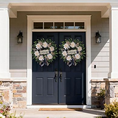 24" Dahlia & Eucalyptus Wreath with “Welcome” Sign, UV‑Resistant Greenery for Door or Home Décor
