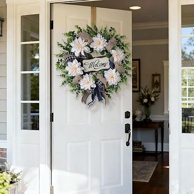 24" Dahlia & Eucalyptus Wreath with “Welcome” Sign, UV‑Resistant Greenery for Door or Home Décor