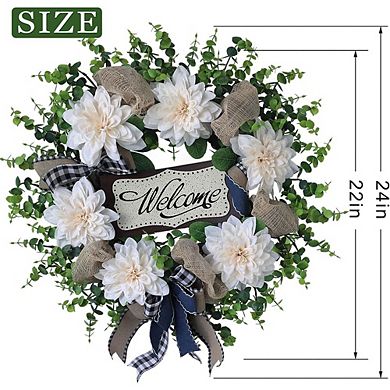 24" Dahlia & Eucalyptus Wreath with “Welcome” Sign, UV‑Resistant Greenery for Door or Home Décor