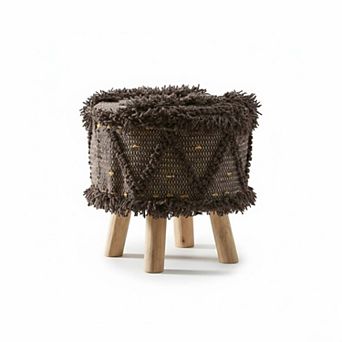 Handcrafted Wool and Cotton Foot Stool with Wood Legs Dark Brown