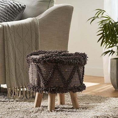 Handcrafted Wool and Cotton Foot Stool with Wood Legs Dark Brown