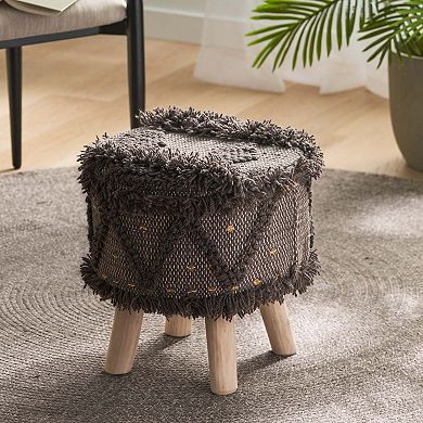 Handcrafted Wool and Cotton Foot Stool with Wood Legs Dark Brown