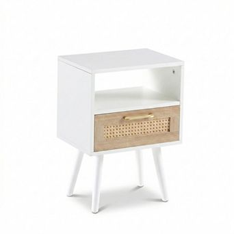 White Rattan End Table with Drawer and Open Shelf Storage