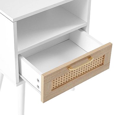 White Rattan End Table with Drawer and Open Shelf Storage