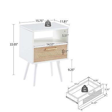 White Rattan End Table with Drawer and Open Shelf Storage