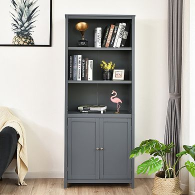 Costway Bookcase Shelving Storage Wooden Cabinet Unit Standing Bookcase W/Doors Gray