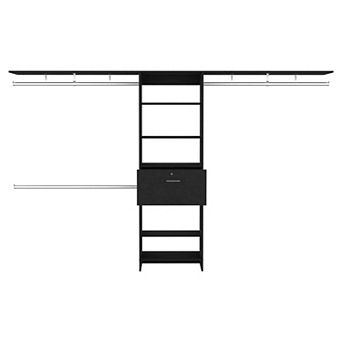 DEPOT E-SHOP Zamora 70"W - 118"W Closet System, Three Hanging Rods, Five Shelves, One Drawer, Black