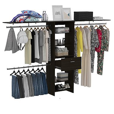 DEPOT E-SHOP Zamora 70"W - 118"W Closet System, Three Hanging Rods, Five Shelves, One Drawer, Black