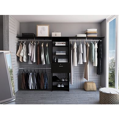 DEPOT E-SHOP Zamora 70"W - 118"W Closet System, Three Hanging Rods, Five Shelves, One Drawer, Black