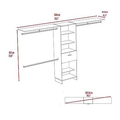 DEPOT E-SHOP Zamora 70"W - 118"W Closet System, Three Hanging Rods, Five Shelves, One Drawer, Black