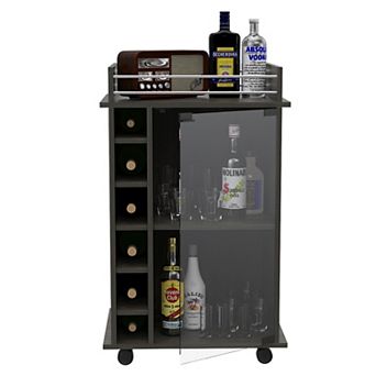 Huali Bar Cart, Six Built-in Wine Rack, Glass Door, Four Casters, Two Shelves