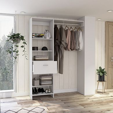 Dynamic 150 Closet System, Five Open Shelves, One Drawer, One Metal Rod, White