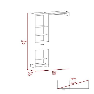 Dynamic 150 Closet System, Five Open Shelves, One Drawer, One Metal Rod, White